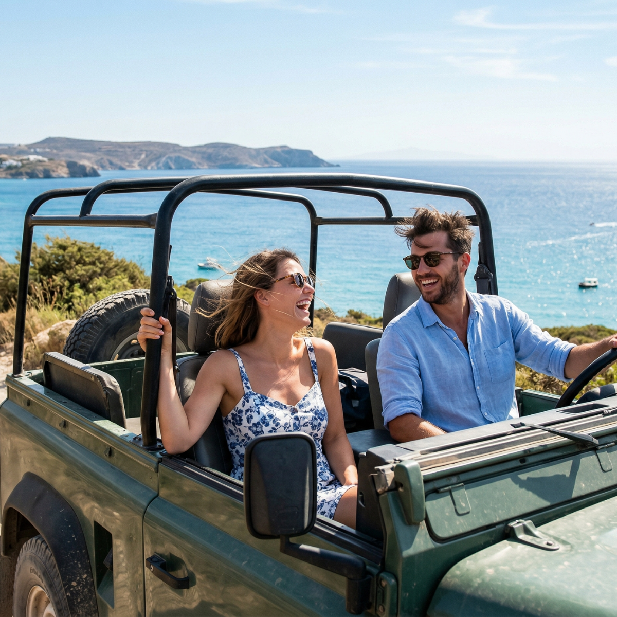 Turistas en jeep en ruta costera